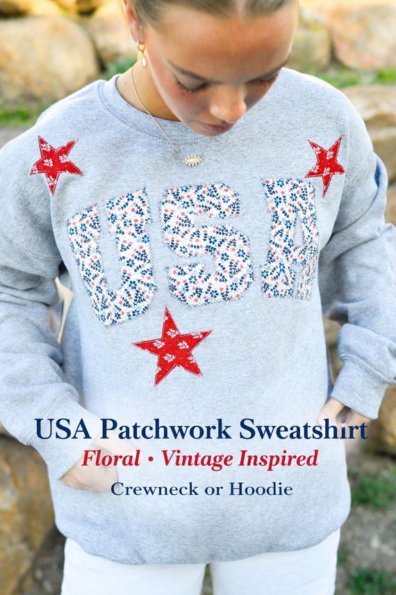 USA Patchwork Sweatshirt Floral American Crewneck Hoodie Vintage