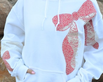Custom Bow Patchwork Hoodie Lace Sweatshirt Coquette Clothing Cottagecore Pullover Romantic Applique Quilted Cozy Clothing Gift