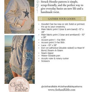 May include: A light gray hoodie with patchwork star designs and text that reads "Refashion your favorite hoodie with playful patchwork stars." The image also includes a list of materials needed for the project.