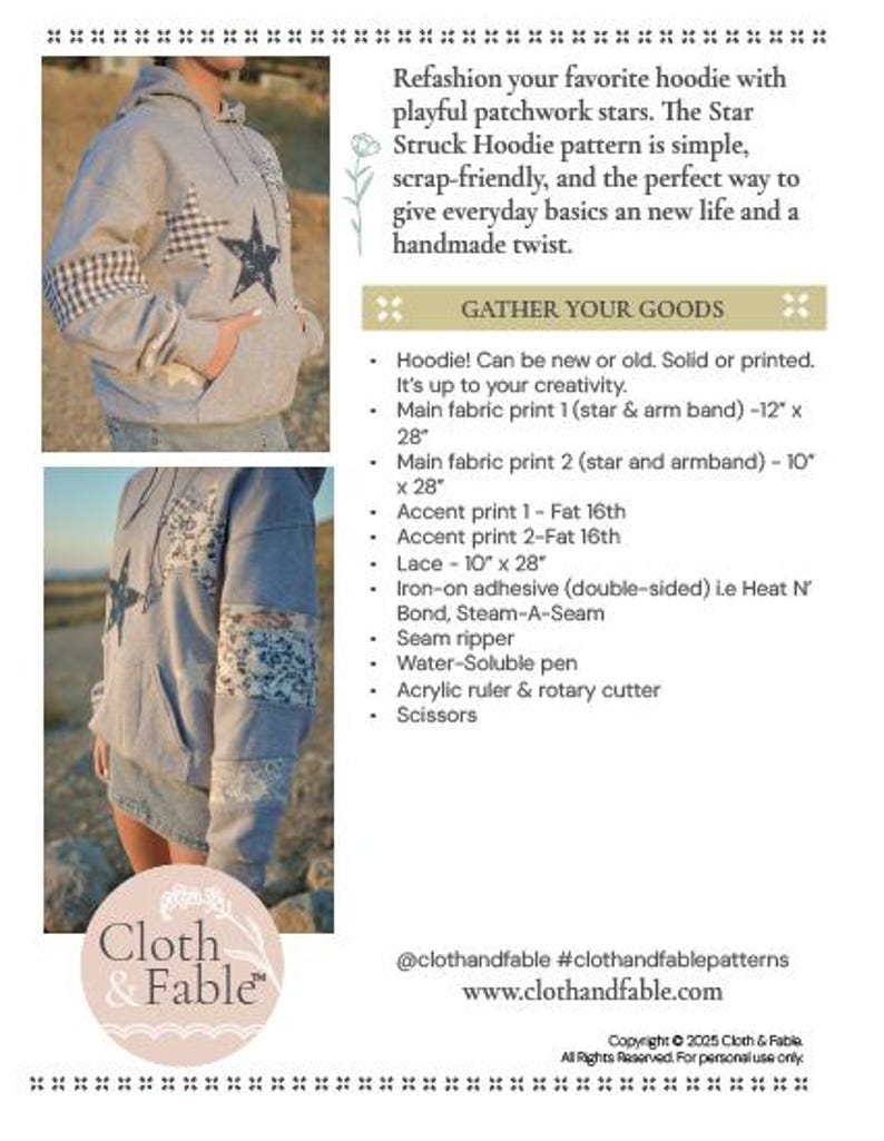 May include: A light gray hoodie with patchwork star designs and text that reads "Refashion your favorite hoodie with playful patchwork stars." The image also includes a list of materials needed for the project.