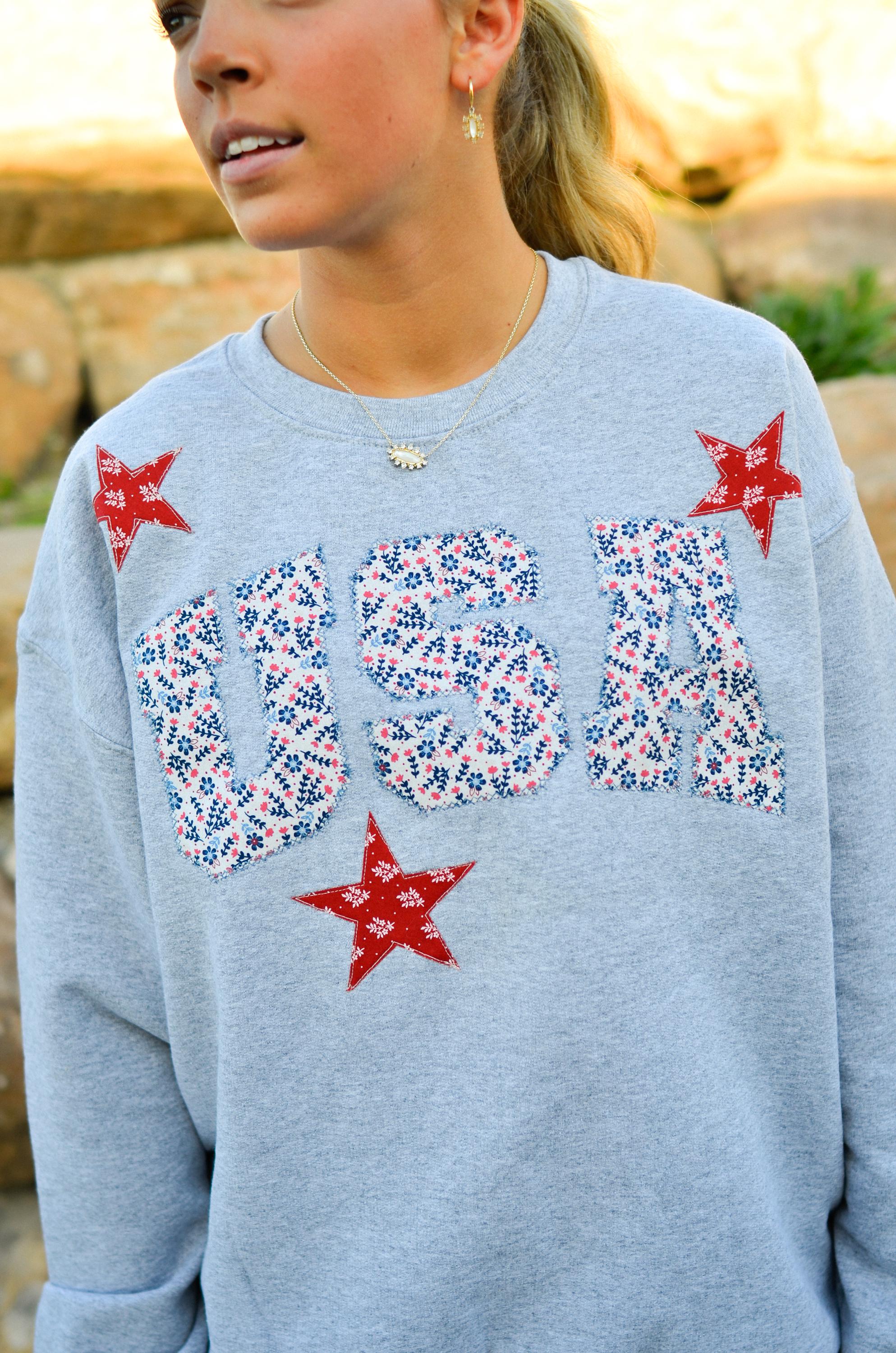 USA Patchwork Sweatshirt Floral American Crewneck Hoodie Vintage