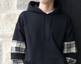 Refashioned Hoodie with Plaid Sleeves Upcycled Men’s Clothing Handmade Sustainable Fashion Quilted Sweatshirt Gifts for Him