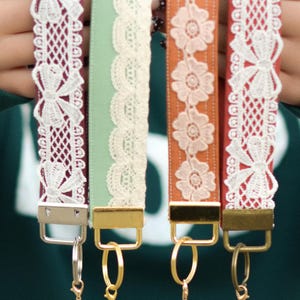 Custom Fabric Key Fob Wristlet with Charm | Handmade Lace Cottagecore Keychain Strap