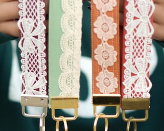 Custom Fabric Key Fob Wristlet with Charm | Handmade Lace Cottagecore Keychain Strap