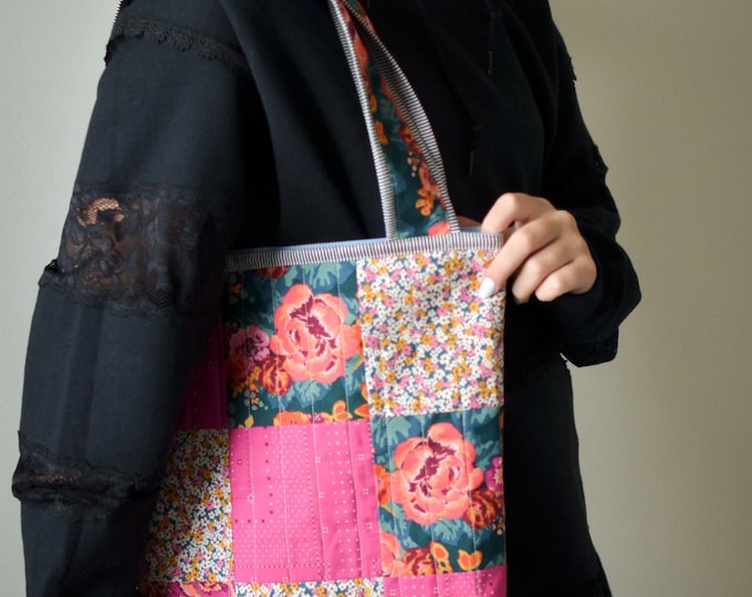 Quilted Patchwork Tote Bag Handmade Quilted with Vintage Inspired Floral & Modern Prints Everyday Boho Market Bag Shoulder Carry Tote
