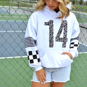 Custom Game Day Hoodie | Personalized Team Number Sweatshirt | Patchwork Gift for Soccer, Football & Volleyball Mom, Senior Night