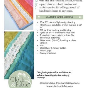 May include: A colorful Boho Stripe Mini Quilt with lace and stitching details. The image shows a close-up of the quilt with a variety of colors and textures. The text on the image says "Cloth & Fable".