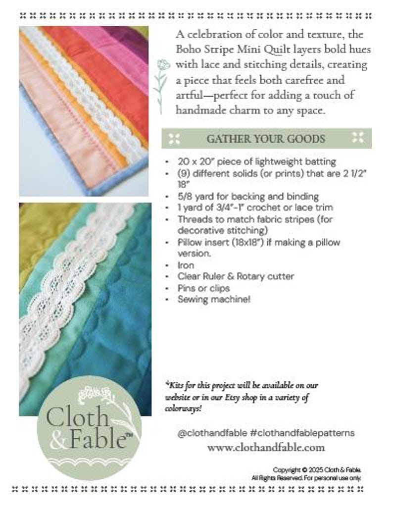 May include: A colorful Boho Stripe Mini Quilt with lace and stitching details. The image shows a close-up of the quilt with a variety of colors and textures. The text on the image says "Cloth & Fable".