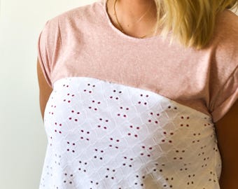 Handgemaakt preppy T-shirt met veteroogjes Cottagecore Back to School-top zachtroze gebreide witte top met oogjes Boho Cadeau voor haar