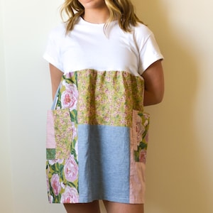 Handmade Patchwork 90s Babydoll Dress Floral and Gingham Block Dress with Pockets Cottagecore women’s boho style T-shirt dress