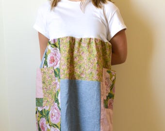 Handmade Patchwork 90s Babydoll Dress Floral and Gingham Block Dress with Pockets Cottagecore women’s boho style T-shirt dress