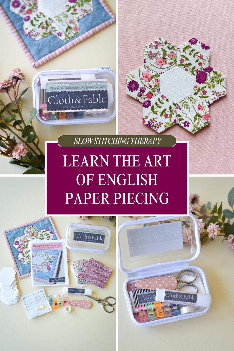 May include: A collage of English paper piecing supplies. Includes a clear container with sewing tools, fabric pieces, and a small hexagon-shaped quilt. The text reads "Learn the Art of English Paper Piecing."