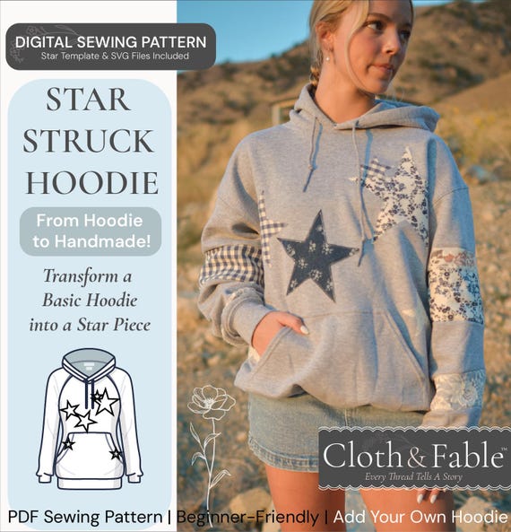 Refashioned 90s Star Patchwork Lace Hoodie Sewing Beginner Pattern Y2K Sweatshirt Tutorial Applique Star Template Upcycled Top Handmade