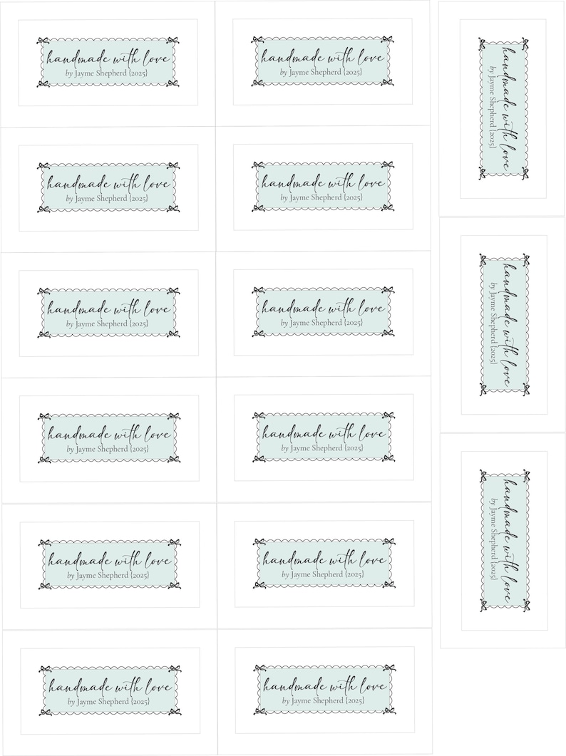 Op de afbeelding: Een verzameling rechthoekige en verticale labels met de tekst "handmade with love" in een scriptlettertype, omlijst door een geschulpte rand. De tekst "by Jayme Shepherd (2025)" staat eronder. De labels zijn lichtblauw op een witte achtergrond.
