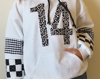Custom Team Hoodie Refashion  Handmade Personalized Player Number Quilted Sports Fan Patchwork Sweatshirt   Gift Game Day Top Upcycled