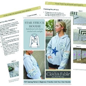 May include: A light gray hoodie with a large blue star and floral patches. The image includes instructions and a diagram for refashioning the hoodie. The text on the image says "STAR STRUCK HOODIE" and "Cloth & Fable".