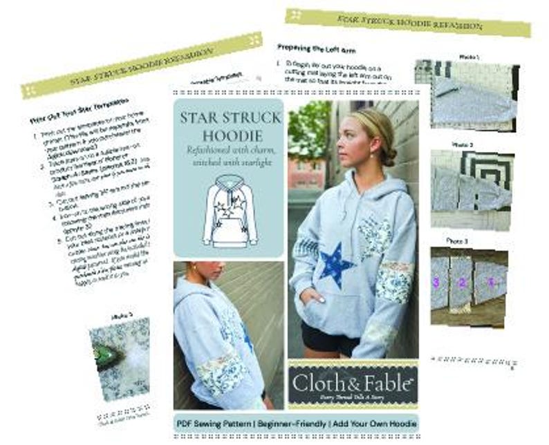 May include: A light gray hoodie with a large blue star and floral patches. The image includes instructions and a diagram for refashioning the hoodie. The text on the image says "STAR STRUCK HOODIE" and "Cloth & Fable".