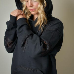 Black or White Lace Trim Hoodie Cottagecore Hoodie Oversized Sweatshirt Feminine Lace Pullover Cozy Boho Clothing image 12