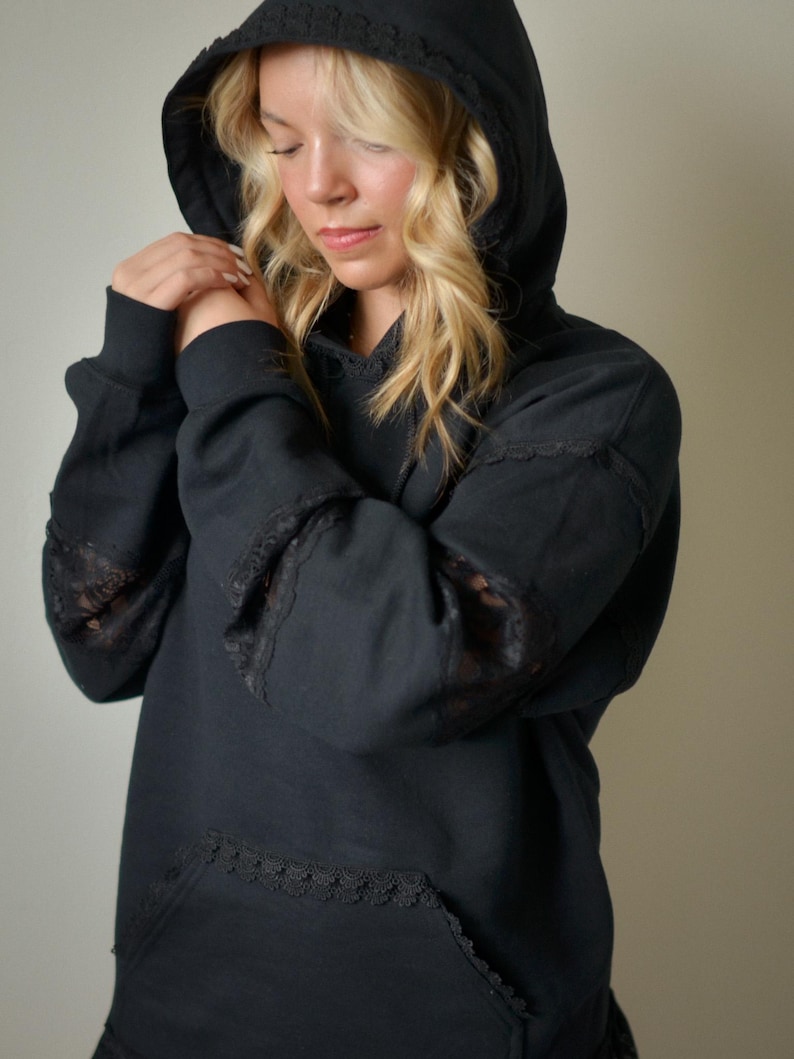 Black or White Lace Trim Hoodie Cottagecore Hoodie Oversized Sweatshirt Feminine Lace Pullover Cozy Boho Clothing image 12