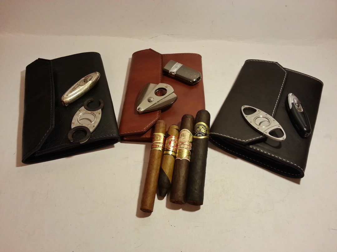 3 Pocket Full Grain Leather Cigar Accessories Case With - Etsy