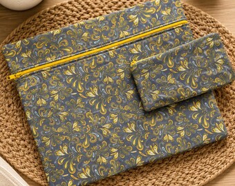 Cross Stitch Project Bag and Notions Pouch, Gray/Yellow, Needlework Organizer, Travel Craft Bag