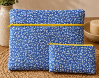 Blue Daisy Cross Stitch Project Bag and Notions Pouch, Needlework Organizer, Travel Craft Bag