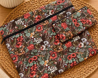 Cross Stitch Project Bag and Notions Pouch, Brown Floral, Needlework Organizer, Travel Craft Bag