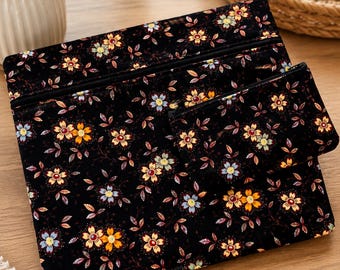 Cross Stitch Project Bag and Notions Pouch, Black Floral, Needlework Organizer, Travel Craft Bag