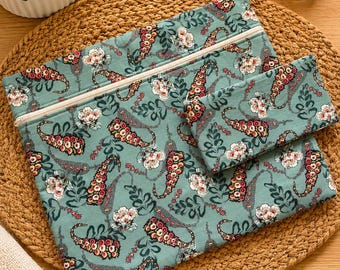 Cross Stitch Project Bag and Notions Pouch, Teal Floral, Needlework Organizer, Travel Craft Bag