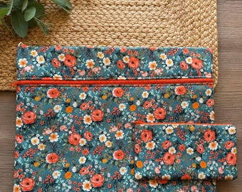 Teal Floral Cross Stitch Project Bag and Notions Pouch, Needlework Organizer, Travel Craft Bag