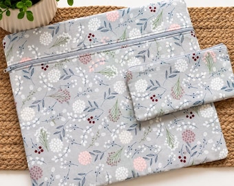 Gray Floral Cross Stitch Project Bag and Notions Pouch, Needlework Organizer