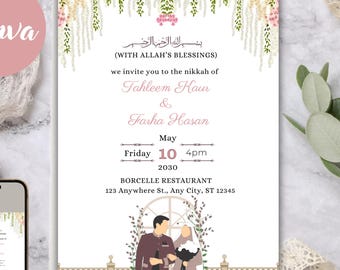 Islamic Nikkah Invitation, Editable Muslim Wedding Invite, Arabic Bismillah Floral Nikkah Card, Modern Muslim Walima Card Template, Canva