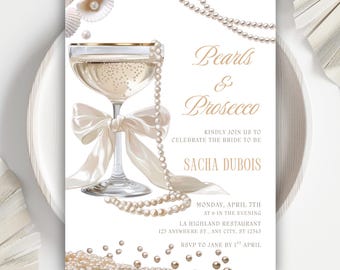 Perlen und Prosecco Brautdusche Einladung, druckbare Perlenkette Prosecco einladen, bearbeitbare Brautdusche Vorlage, sofort Download
