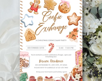 Pode incluir: Um convite festivo para uma festa de troca de biscoitos. O design apresenta ilustrações em aquarela de homens de gengibre, biscoitos em forma de estrela e uma bengala doce. O texto diz "Cookie Exchange" e inclui detalhes da festa.