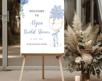 Blue Hydrangea Bridal Shower Welcome Sign, Bow & Champagne Glass Decor, Editable Bridal Brunch Printable Poster, Light Blue Hydrangea Flower