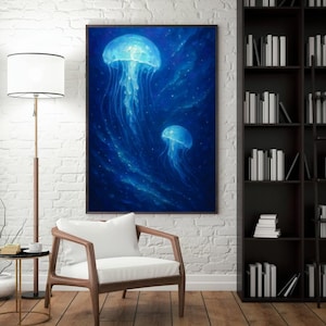Glowing Jellyfish Digital Print – Ocean Wall Art – Blue Underwater Minimalist Decor