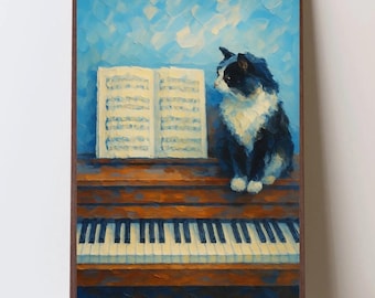 Tuxedo Cat Piano Print – Whimsical Music Room Wall Art (Digital Download)