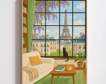 Paris Cat Art Print: Eiffel Tower View, Cozy Home Decor (Digital Download)