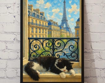 Paris Cat Print: Eiffel Tower View, French Vintage Art (Digital Download
