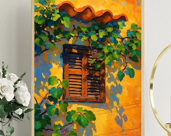 Mediterranean Nostalgia – Rustic Window with Vines Digital Art Print