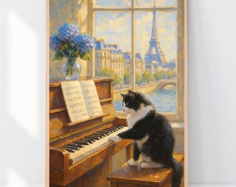 Tuxedo Cat Playing Piano in Paris: Eiffel Tower Art Print (Digital Download