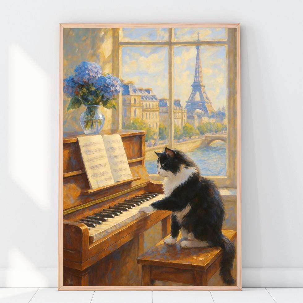 Tuxedo Cat Playing Piano in Paris: Eiffel Tower Art Print (digital