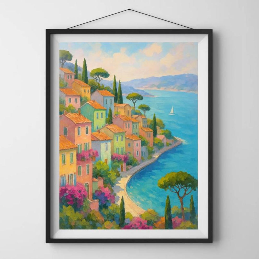Mediterranean Coastal Village Wall Art – Colorful French Riviera ...