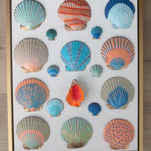 May include: A rectangular wall art piece featuring a collection of various seashells arranged on a white background within a gold frame. The shells are painted in vibrant colours including orange, blue, teal, and gold, with intricate dot and line patterns.