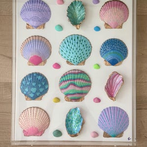 May include: A rectangular acrylic shadow box frame containing a collection of twelve large painted scallop shells and several smaller shells arranged on a white background. The shells feature various patterns in shades of pink, blue, purple, and green.