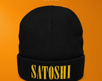 Gorro criptográfico Satoshi: gorro de invierno de Bitcoin de punto acanalado negro