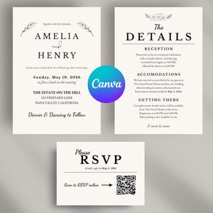 Minimalist Wedding Invitation Suite, Modern Elegant Bundle with QR Code RSVP (Digital Download)