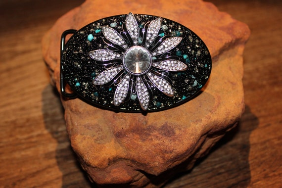 Women\'s Vtg Crystal Floral Belt Buckle Rhinestone Crystal Oval Belt Buckle Antique Brass Full Grain  main image 4
