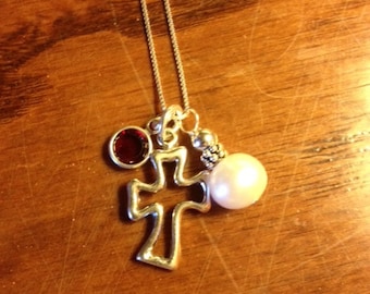 Vintage pearl, Swarovski Crystal with Sterling Silver Cross