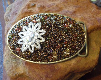 Beaded Belt Buckle - Crystal Flower